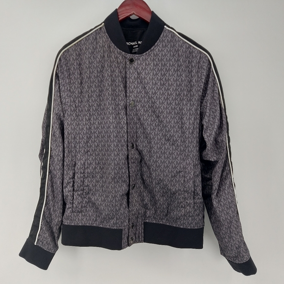 MICHAEL KORS MENS Logo Tape Baseball Jacket size medium Black and Gray - Picture 1 of 7